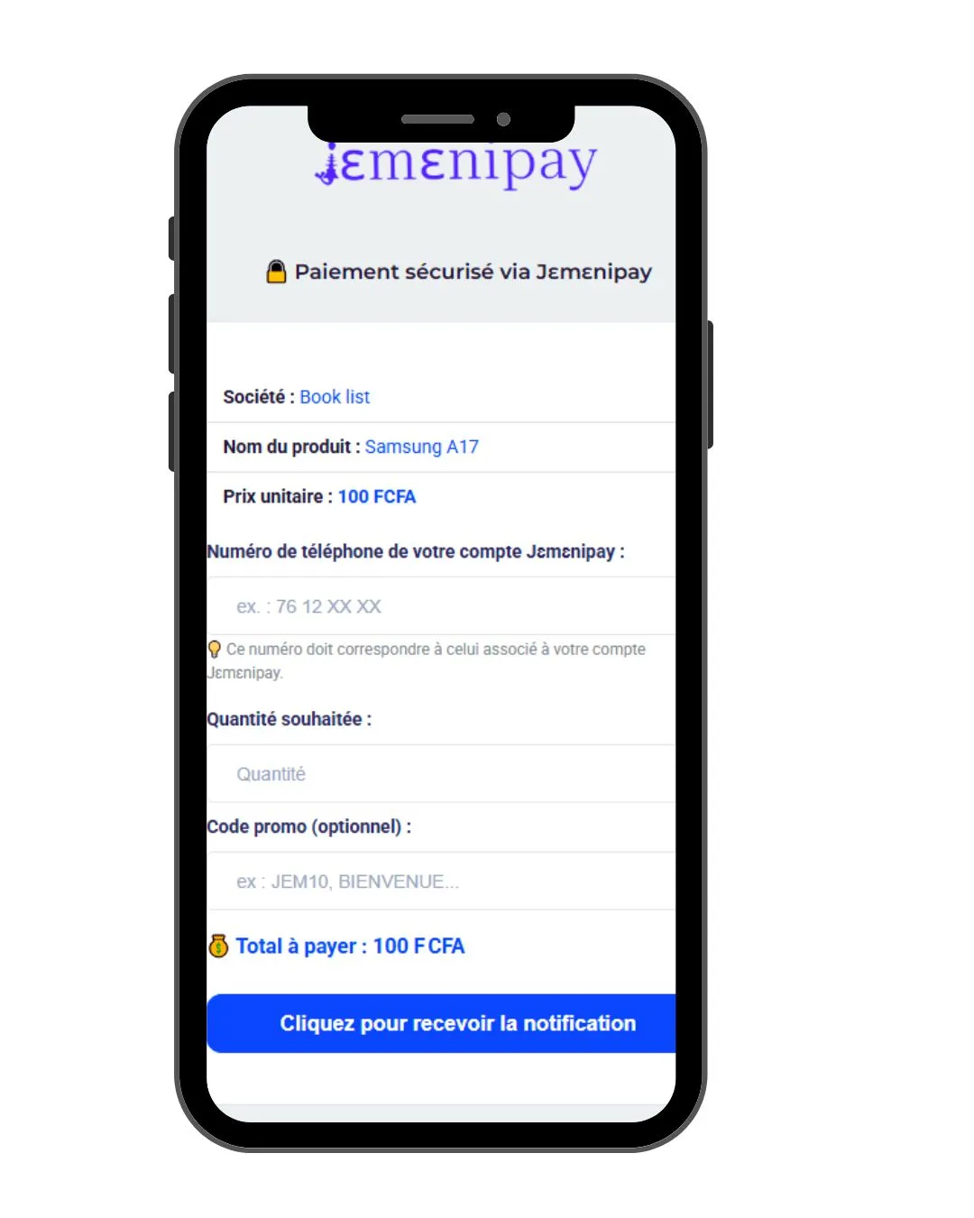 Page de paiement d'un produit Jɛmɛnipay sur téléphone